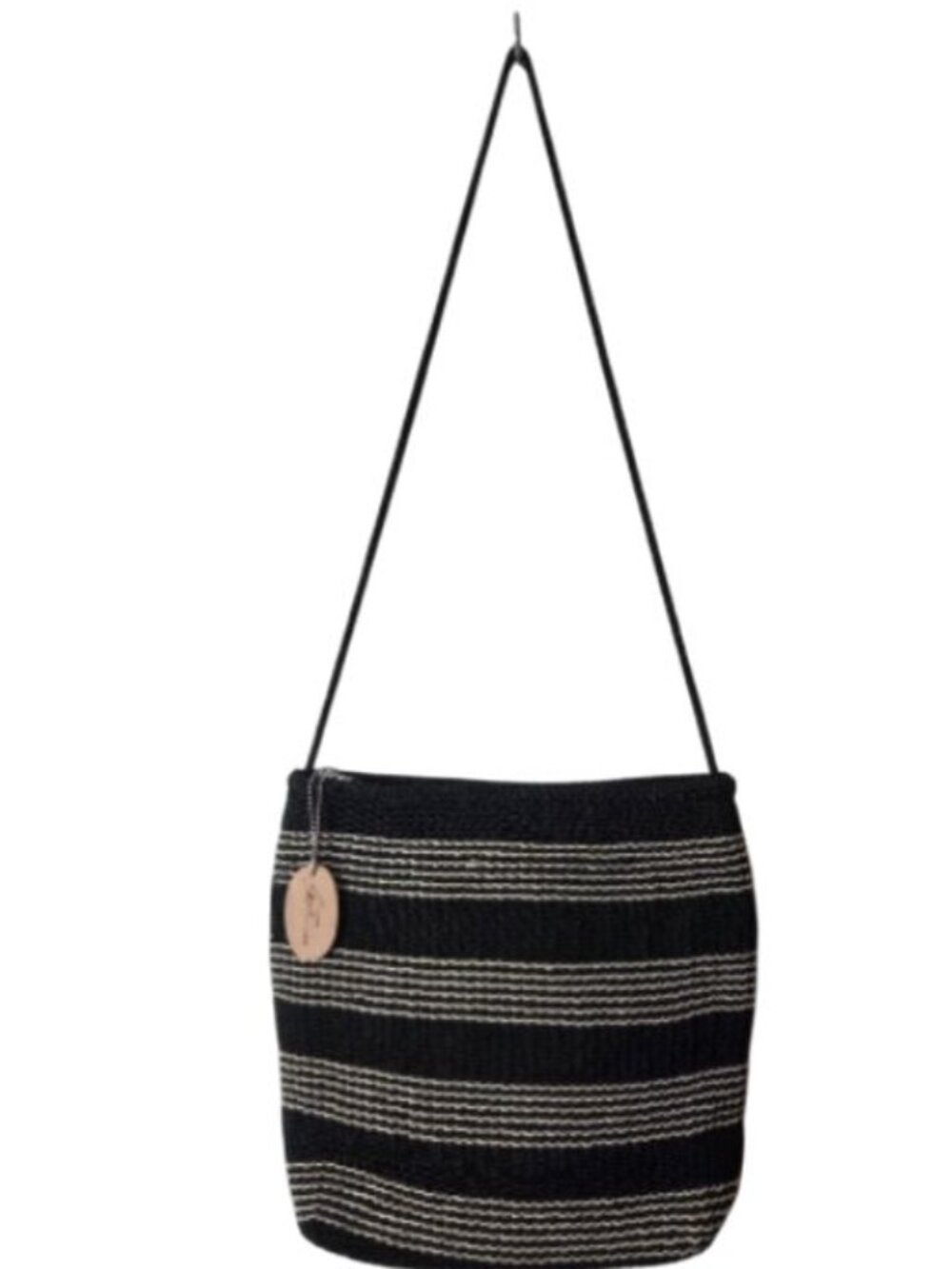 Stone Mountain Boho Woven Striped Crossbody Bucket Bag Purse Neutral Black Cream